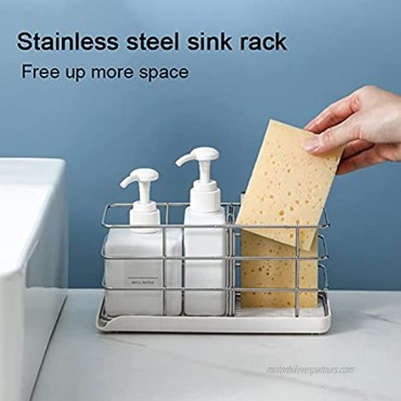 Sponge Holder for Kitchen Sink with Adjustable Partition Grid，SUS304 Stainless Steel Countertop Sink Caddy Organizer,Sponge Holder with Removable Drain Tray（Comes with 5pcs Cleaning Cloth）