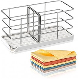 Sponge Holder for Kitchen Sink with Adjustable Partition Grid，SUS304 Stainless Steel Countertop Sink Caddy Organizer,Sponge Holder with Removable Drain Tray（Comes with 5pcs Cleaning Cloth）