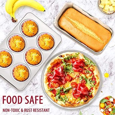 12-Piece Stainless Steel Bakeware Sets E-far Metal Baking Pan Set Include Round Cake Pans Square Rectangle Baking Pans with Lids Cookie Sheet Loaf Muffin Pizza Pan Non-toxic & Dishwasher Safe