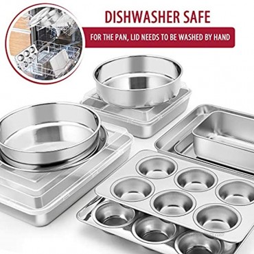 12-Piece Stainless Steel Bakeware Sets E-far Metal Baking Pan Set Include Round Cake Pans Square Rectangle Baking Pans with Lids Cookie Sheet Loaf Muffin Pizza Pan Non-toxic & Dishwasher Safe