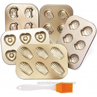 Golden Multi-style Cake Mold Set 6-Cavity Non-Stick Carbon Steel Muffin Pan with Silicone Brush Madeleine Mold Cake Pan for Kitchen Oven Baking Bread Champagne Gold Shell
