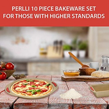 Nonstick Bakeware Set w Baking Pans Baking Sheets Cookie Sheets Muffin Pan Bread Pan and Cake Pan with Cover – 10 Piece Set Luxurious Gold Baking Tray Set w Red Silicone Grip Handles By PERLLI