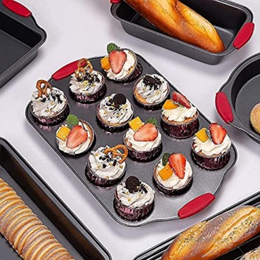Nuovoo 7 Piece Baking Pan Set Non-Stick Carbon Steel Bakeware Set with Red Silicone Handles Cookie Sheet Loaf Pan Muffin Pan Roasting Pan,Cake Pans Oven Safe,Black