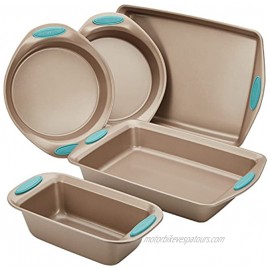 Rachael Ray Cucina Bakeware Set Includes Nonstick Bread Baking Cookie Sheet and Cake Pans 5 Piece Latte Brown with Agave Blue Grips