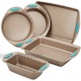 Rachael Ray Cucina Bakeware Set Includes Nonstick Bread Baking Cookie Sheet and Cake Pans 5 Piece Latte Brown with Agave Blue Grips