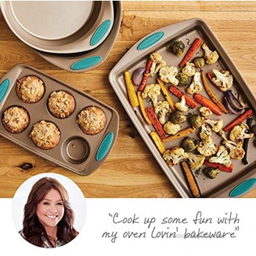 Rachael Ray Cucina Bakeware Set Includes Nonstick Cake Cookie Baking Sheet and Muffin Cupcake Pan 4 Piece Latte Brown with Agave Blue Grips