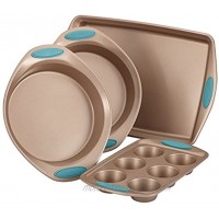Rachael Ray Cucina Bakeware Set Includes Nonstick Cake Cookie Baking Sheet and Muffin Cupcake Pan 4 Piece Latte Brown with Agave Blue Grips