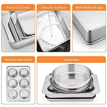 Toaster Oven Bakeware Set E-far 8-Piece Stainless Steel Small Baking Pan Set Include 6-Inch Cake Pan Rectangle Baking Pan Cookie Sheet with Rack Muffin Loaf Pizza Pan Non-Toxic & Dishwasher Safe