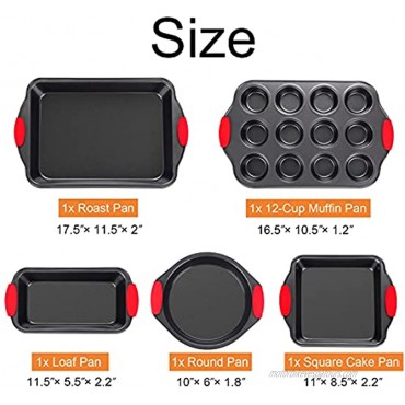 Bakeware Sets Avoson Nonstick Bakeware Baking Pans Tray Set with Red Silicone Grips Carbon Steel with Cookie Sheet Baking Pan Cake Pan and Muffin Pan Loaf Pan Oven Safe- 5 Piece Dark Grey