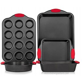 Bakeware Sets Avoson Nonstick Bakeware Baking Pans Tray Set with Red Silicone Grips Carbon Steel with Cookie Sheet Baking Pan Cake Pan and Muffin Pan Loaf Pan Oven Safe- 5 Piece Dark Grey