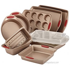 Rachael Ray Cucina Nonstick Bakeware Set Baking Cookie Sheets Cake Muffin Bread Pan 10 Piece Latte Brown with Cranberry Red Grips